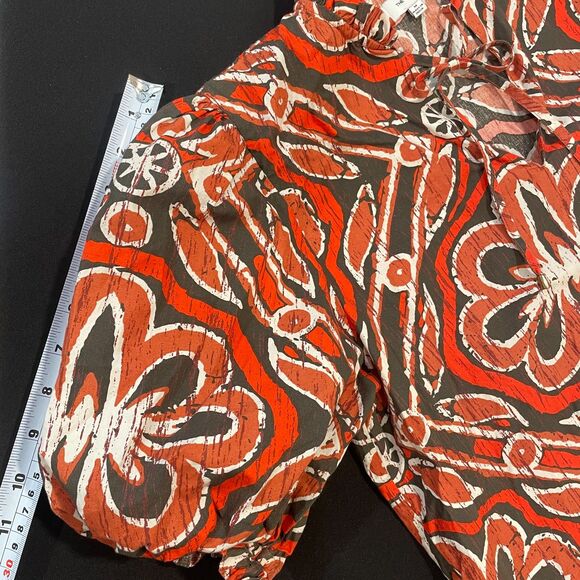 ~Rare The Odells Med Boho Top Vneck Tie Ruffle Short Balloon Sleeve Brown Rust - Picture 12 of 16